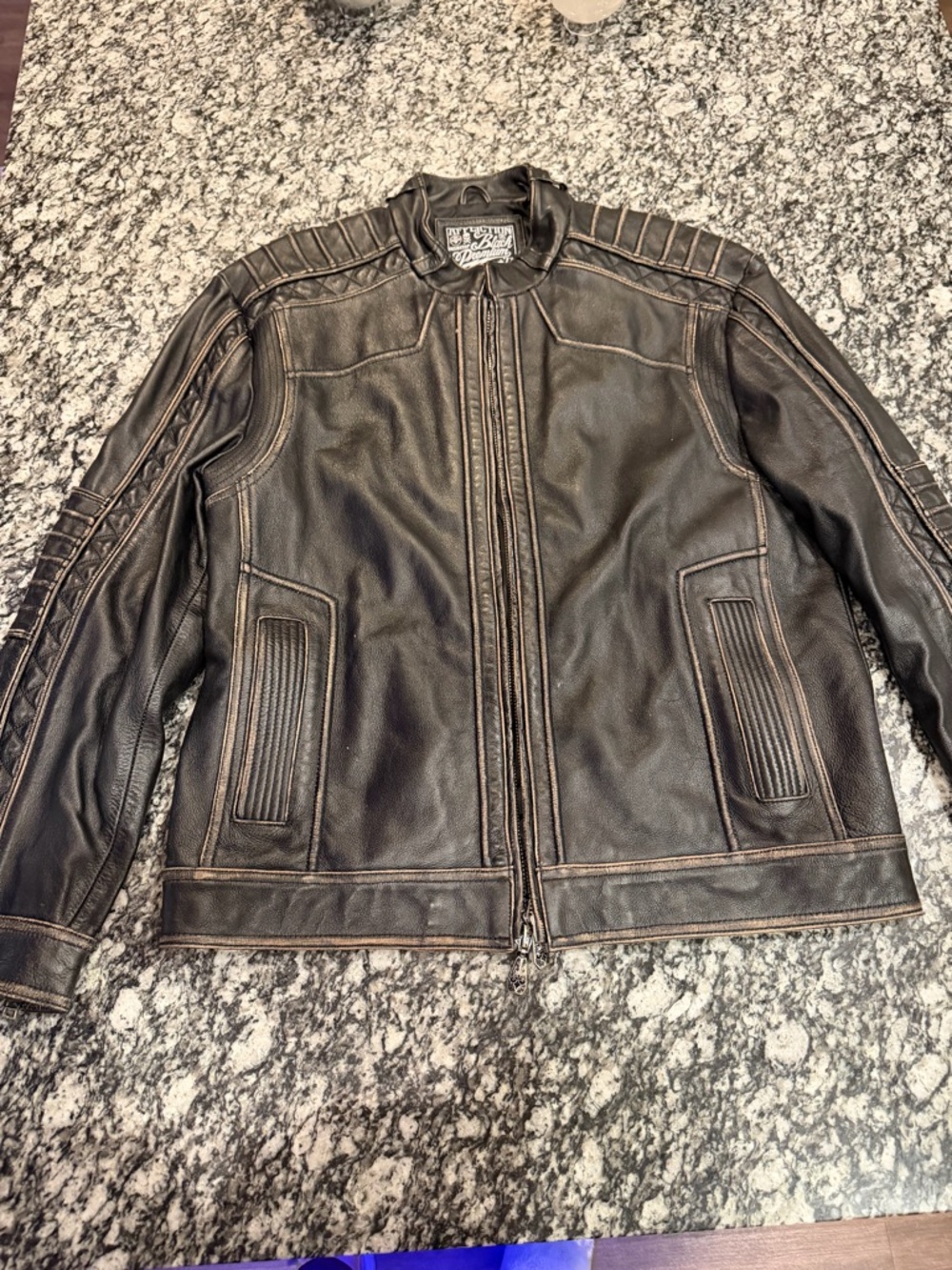 Affliction Black Leather Jacket with Embroidered Cross Back Detail NWOT Size 2XL - Picture 8 of 12